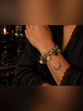 BOGO Gold-Tone Charm Chain Bracelet with Black Beads